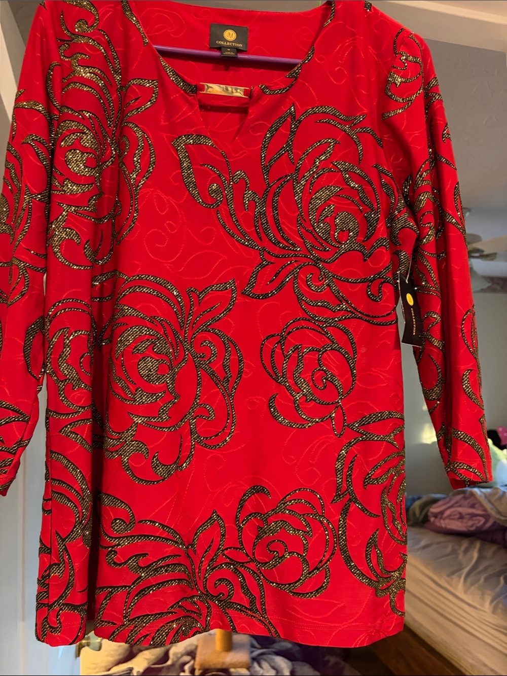 JM Collection Red Long Sleeve V-Neck Top with Gold Floral Swirls